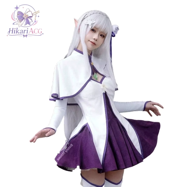 Różowo-fioletowa zimowa sukienka Emilia Cosplay ReZero Strój do odgrywania ról dla kobiet Kostium na Halloween, konwent anime, strój anime