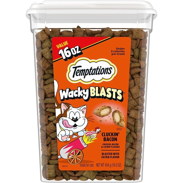 TEMU Temptations Wacky Cat Treats, Cluckin' Bacon Flavor, 16 Oz | Chicken, Bacon & Catnip Flavor Bits, Resealable Tub.