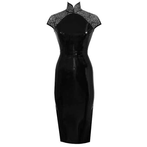 Latex Restricted Cheongsam Dress w/ Belt w/ flower filigree collar and yoke in supatex black