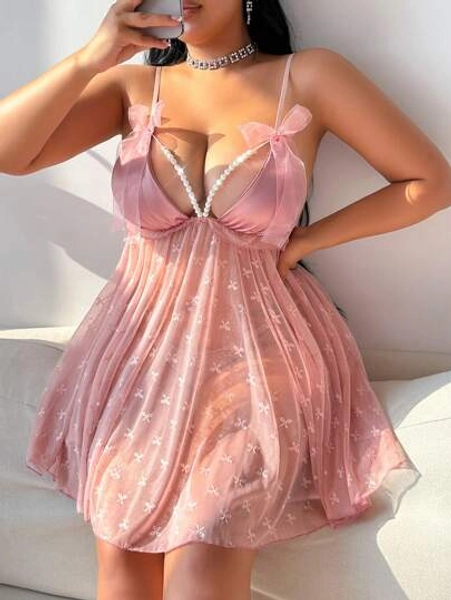 V-Neck Pearl Chain Mesh Dress Lingerie 