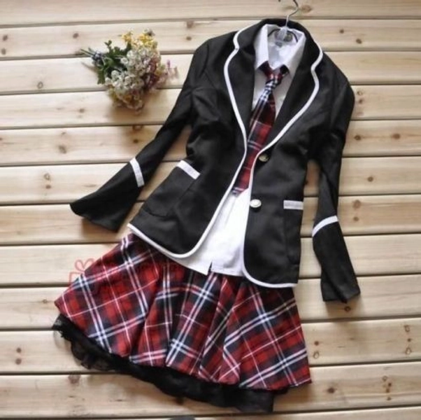 Japanese School Girl Uniform Cosplay Costume Black Red Tartan Dress Surcoat