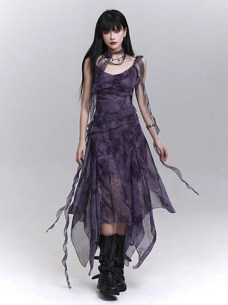 [$48.00]Gothic Purple Tie-Dye Handkerchief Hem Slip Dress with Flowing Ribbons & Matching Neck Strap
