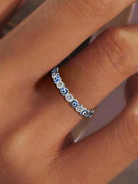 1pc 925 Sterling Silver Plated Platinum European & American Classic Colorful Enamel Devil's Eye Zirconia Ring, Suitable For Gift, Date, Party, Daily Wear, Women's High-End Jewelry