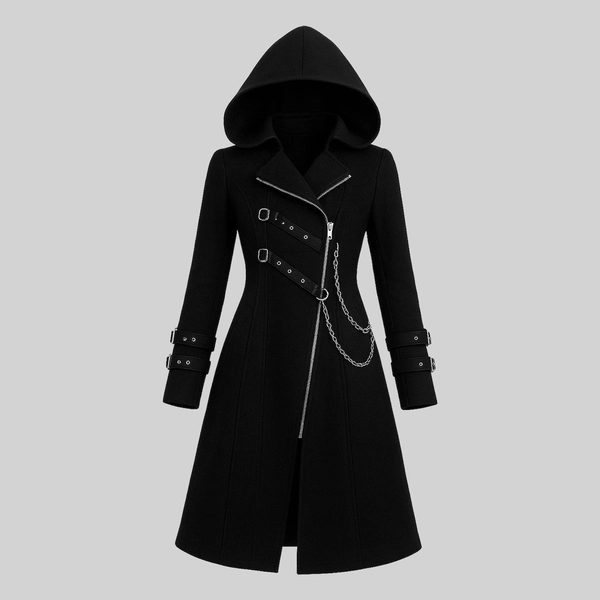 Gothic Black Hooded Trench Coat Women Punk Long Jacket Steampunk Overcoat