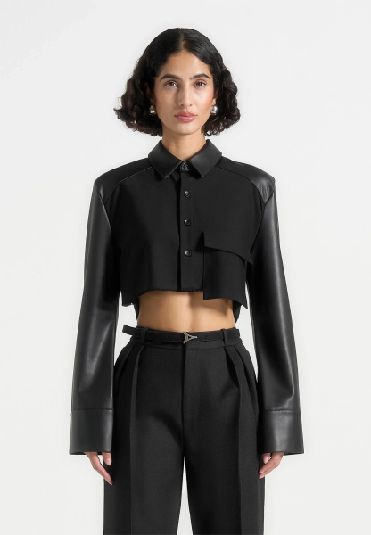 Bernadette - Cropped Shirt van Leer met Contrast - Zwart