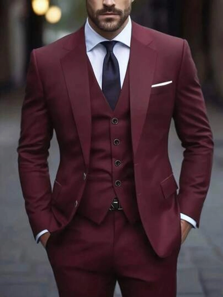 3 PiecesMen's Suit Set: Fashion Long Sleeve Blazer, Vest, And Trousers For Wedding, Party