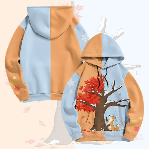 MODAKAWA Fox Under the Maple Tree Graphic All Over Print Pullover Hoodie