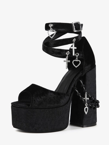 Sandales gothiques Lolita punk à perles bout ouvert velours noir talons hauts chaussures Lolita