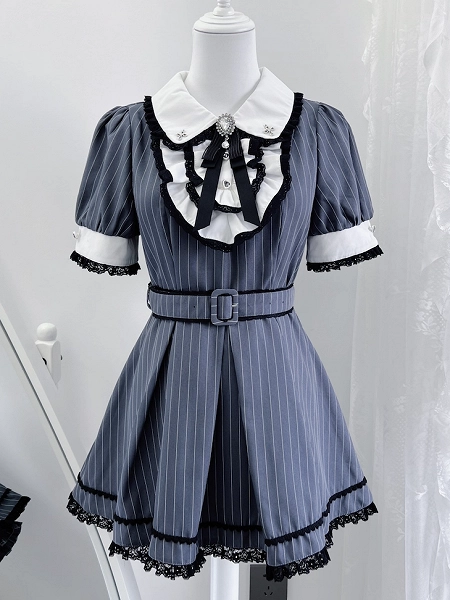 [$82.00]Peter Pan Collar Top with Shorts Dark Blue Stripes Maid Jirai Kei Set