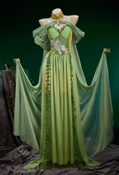 Medieval Green Elf Dress and Cape with Bottom and Bracelets