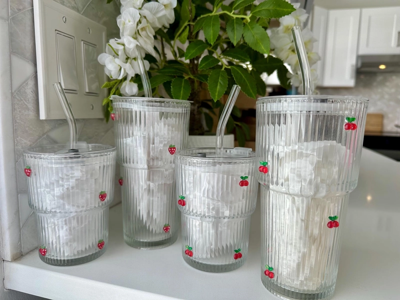 Colorful Charm Ribbed Glass Cup with Lid & Glass Straw | 13oz or 20oz Iced Coffee Tumbler | Cute Aesthetic Drinking Glass Gift