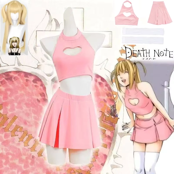 Misa Amane costume | Anime Death Note Misa Amane Cosplay Costume Pink Mini Dress Wig Heart Cheerleading Skirt Set Halloween Anime Role Play Outfit