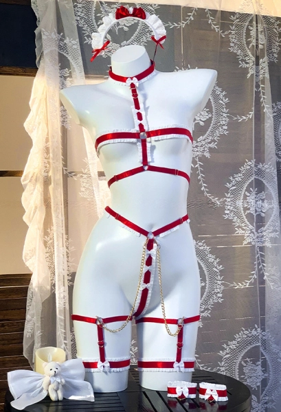 Wine Red Bear Maid Lingerie Set Sheer Dress with Apron and Lace Strap Set