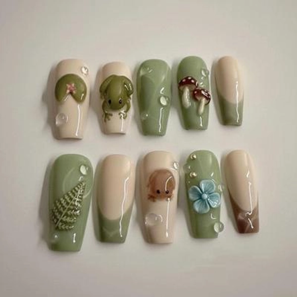 Froggycore Gingham Forest Nails | Cute 3D Frog Mushroom & Lily Pad Press Ons