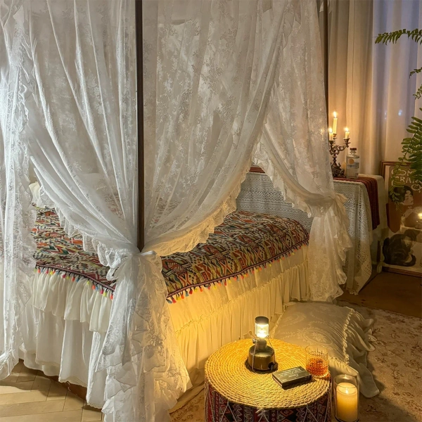 Elegant Lace Princess 4 Corner Post Mosquito Net Romantic for Girls Women Bed Curtain Canopy for Adults Wedding Bedroom Kids Rooms Decoration，White,Queen