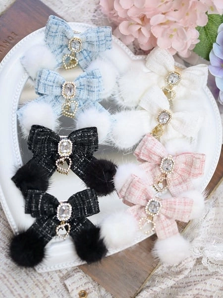 [$11.99]4 Colors Jirai Kei Tweed Bow Hair Clip with Heart Charm & Pom-pom