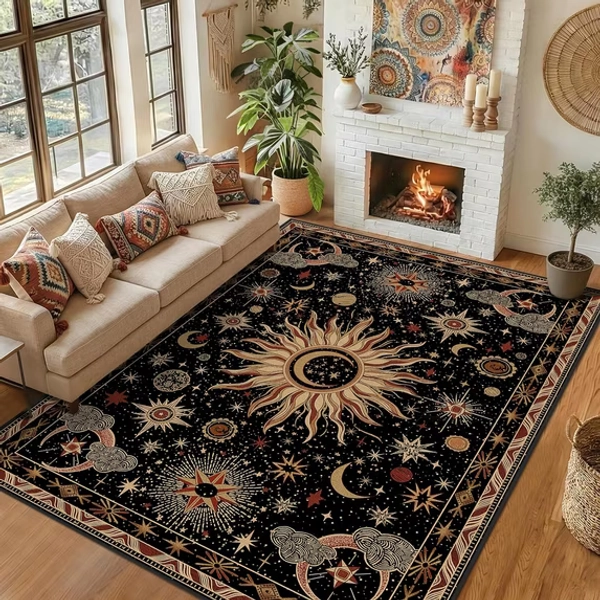 8 X 10 Washable Non-Slip Low Pile Area Rug with Sun and Moon Pattern in Black Gold Beige Red