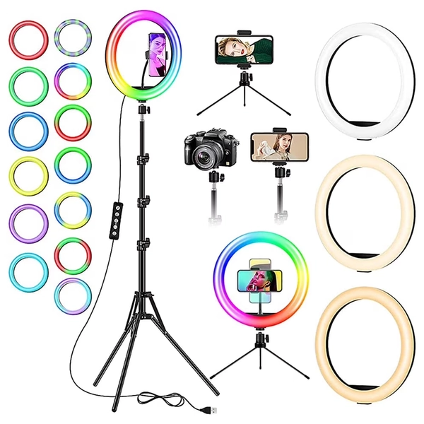 Cshidworld 13" RGB Selfie Ring Light w/ Tripod Stand & Phone Holder 26 Modes 10 Brightness Level 120 LED Bulbs Dimmable Selfie Ringlight for Live Stream Makeup YouTube Video Photography Shooting - Walmart.com