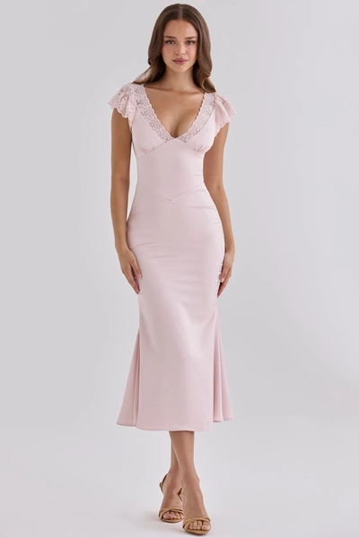 Odessa Pink Satin Lace Trim Midi Tea Dress