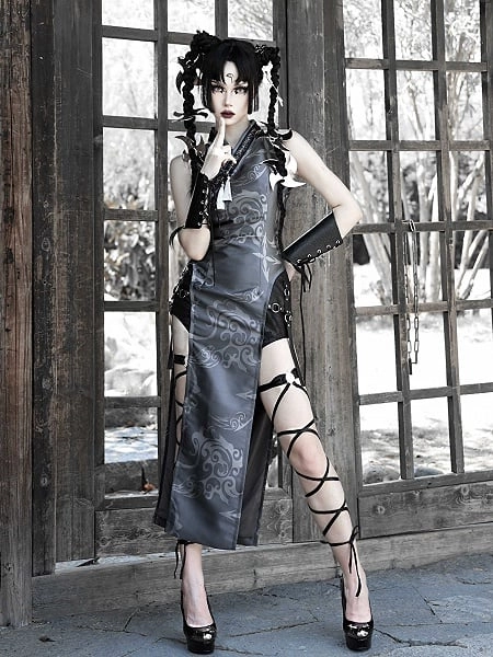 [$82.00]Demon Sword Girl Thigh-high Slit Crossover Design Sleeveless Qipao Dress