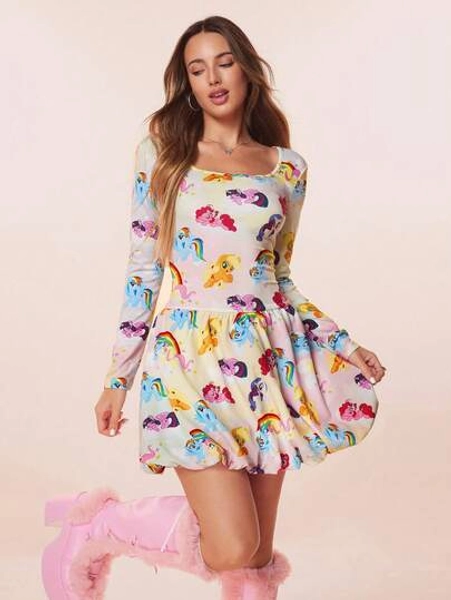 My Little Pony X SHEIN Women's Cartoon Rainbow Allover Print Ombre Square Neck Bubble Hem Short Dress Long Sleeve Dresses Cute Dresses For Women Kawaii Dress Long Sleeve Summer Dresses - Size L
