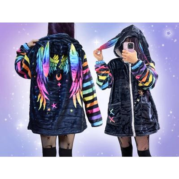 Rainbow Wings Bunny Ears Hoodie Fluffy Pastel Goth Rabbit Jacket Colorful Stripes and Stars Yami Kawaii Alternative Hoody Harajuku JFashion