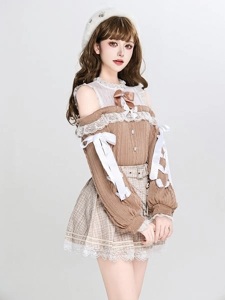 Jirai Kei Autumn and Winter Milk Coffee Off Shoulder Sweater