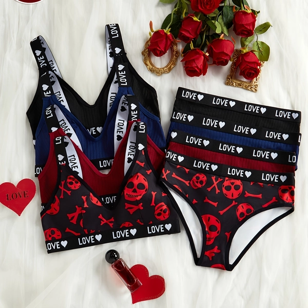 4-Set Western Sexy Contrast English Ribbon Women'S Backless Lingerie Triangle Panties Set