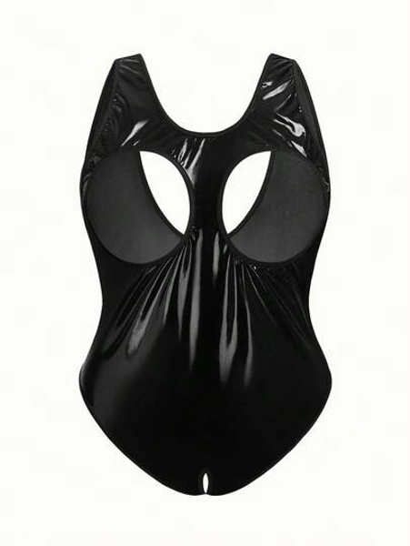 AltCore Plus Size Hollow Out PU Patchwork Bodysuit, Y2K Punk Style
