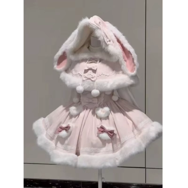 Harajuku Sweet Kawaii Winter Two Piece Set Women Rabbit Ear Cloak Coat With Pink Strap Skirt Japanese Cute Bow Lovely Outfit New - AliExpress 200000532