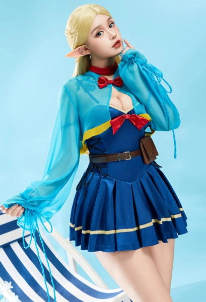 Marcille Derivative Swimdress Blue One Piece Swimsuit Cross Lace-up Bathing Suit with Hooded Cover-up