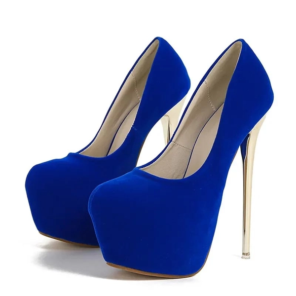 Emma Jones Round Toe Stiletto Golden Heels Suede Shaft Platforms Pumps - Blue in Sexy Heels & Platforms - $77.60