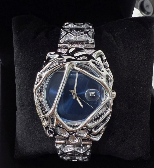“Void Elements” Black Spike Soldered Style Opium Gothic Chrome Quartz Silver Melt Watch