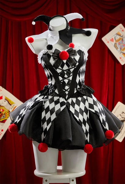 Moonlit Jester Gothic Plaid Clown Corset Skirt Set Black White Diamond Pattern Top and Puffy Skirt with Hairband and Collar