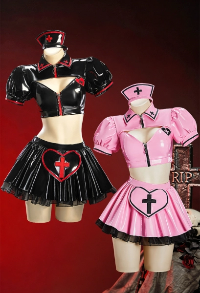 Heart Healer Gothic Nurse Glossy Faux Leather Outfit Puff Sleeve Cutout Crop Top with Pleated Skirt and Headband Black Women XL