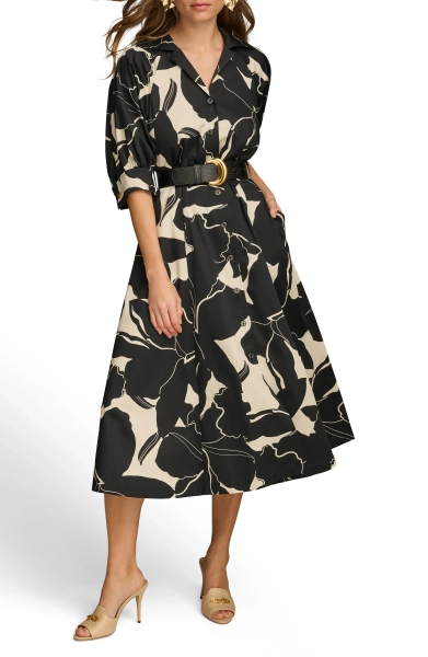 Piped Cotton Blend Midi Shirtdress