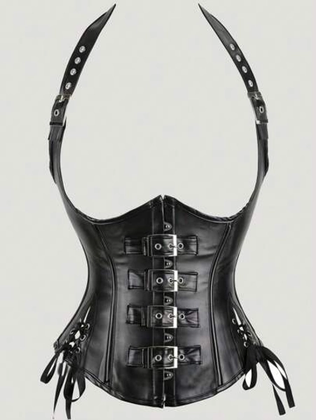 1 peça Top Corselet Afunilador de Cintura de Couro Sintético com Decote Halter para Mulheres - Tamanho XL