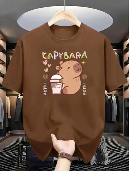 Camiseta Feminina com Estampa de Capivara - Marrom, Azul Marinho Casual & Confortável, Manga Curta, Algodão, Lavável à Máquina, Caimento Descontraído para Vestuário Casual, Design de Animal de Desenho Animado
