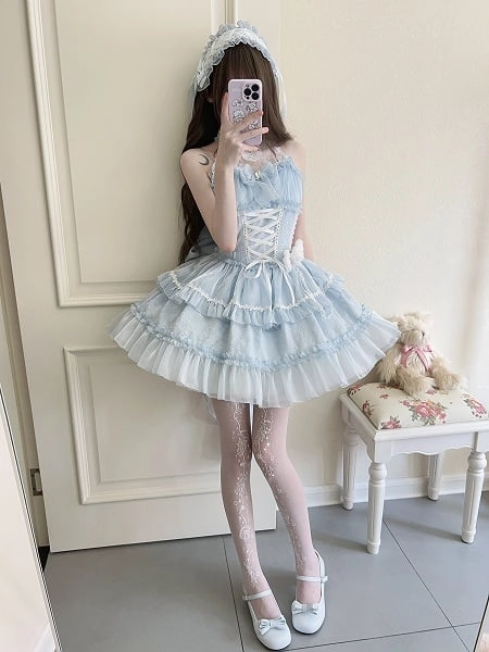 Pure Blue Halter Neck Dress with Rhinestone Bow & Lace Details