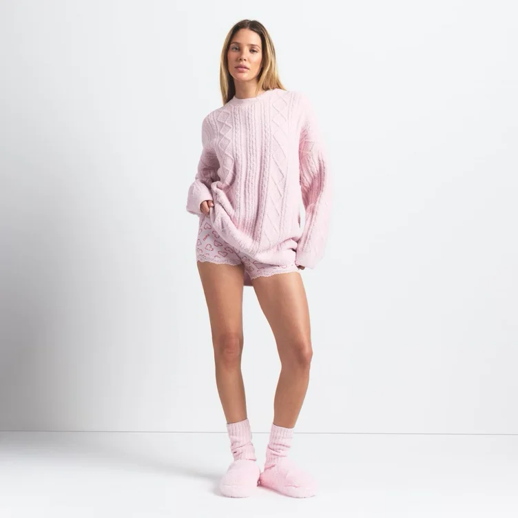 COZY LIGHT OVERSIZED CABLEKNIT CREWNECK PULLOVER | CHERRY BLOSSOM | XXS/XS