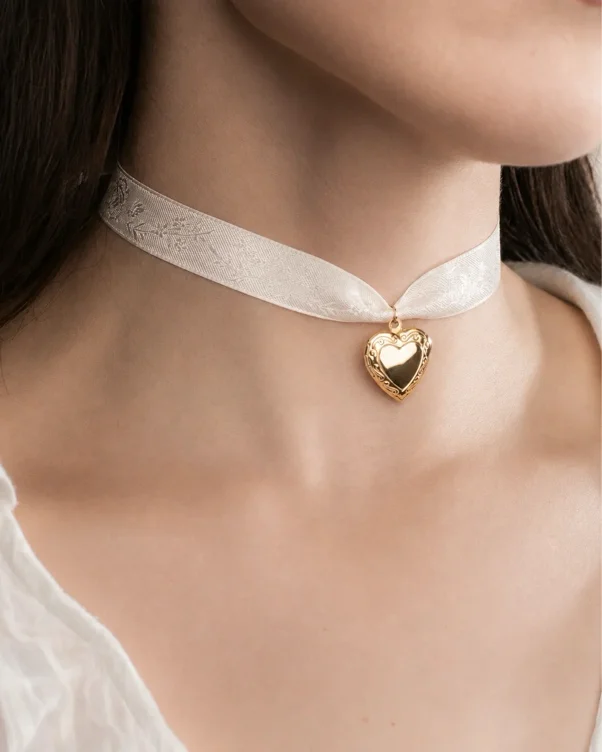 WHITE RIBBON HEART LOCKET - GOLD