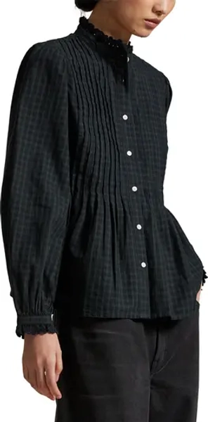 Plaid Long Sleeve Peplum Button-Up Shirt