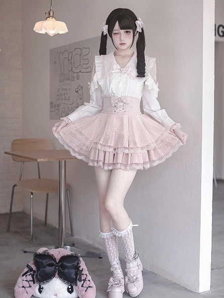 Sweet Jirai Kei Pink High-Waisted Tiered Skirt with Bowknot Decor