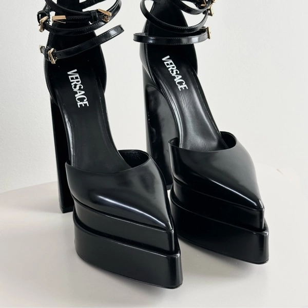 Versace Black Leather Platform Strappy Pumps