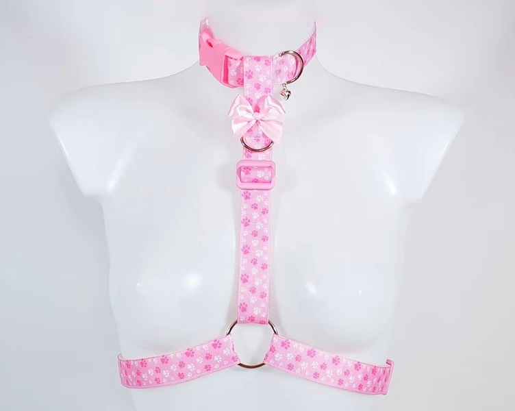 Pink Pawprint Collared Chest Harness - Kawaii Petplay Choker, Pride Festival Rave Wear, Optional Leash