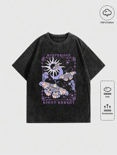 ROMWE Grunge Punk Camiseta Lavada Plus Size Feminina de Estrelas Misteriosas, Lua e Borboletas Estampada, Plus Size