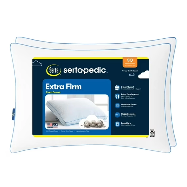 Sertapedic Extra Firm Pillow, Standard/Queen, 2 Pack, Hypoallergenic