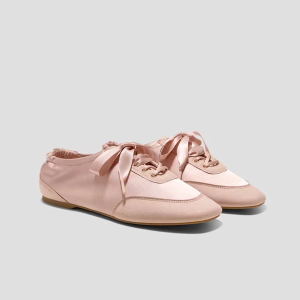 Square-Toe Lace-Up Satin Sneakerina (Cristina), PEACH BLUSH, EU42 | VIVAIA