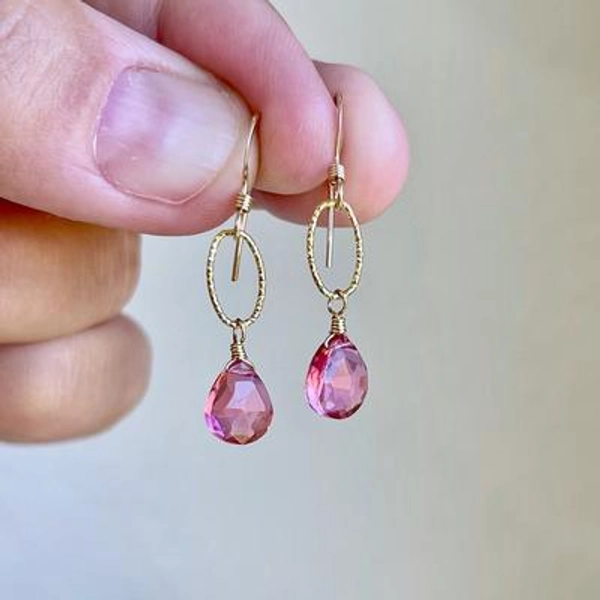 Pink Tourmaline Earrings, Hot Fuchsia Gold October Birthstone, Simple Everyday Tiny Dangle Dainty Delicate Gift For Her