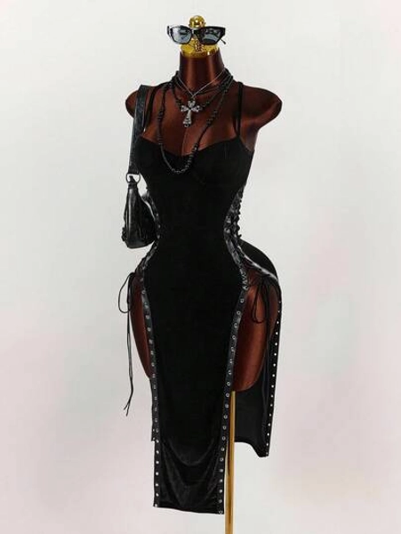  Y2K Amplova Black Chic Women's Solid Color Bodycon Spaghetti Strap Midi Dress With Double Slit And Eyelet Lace-Up Design,Party Dresses For Women